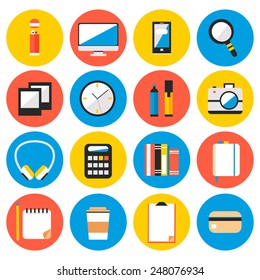 Set Of Flat Modern Design Vector Circle Icons Of Office Workspace, Workplace, Things, Equipment, Elements, Objects, Development Tools. Various Devices. Collection In Stylish Trendy Colors. 