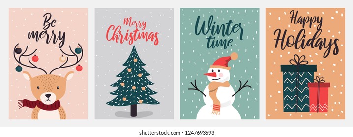 Set of flat modern hand drawn Christmas and New Year greeting cards design.Trendy Christmas Design Set. Holiday Themed Collection. Vector Illustration