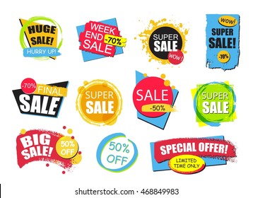 Set of flat modern and hand drawn design sale stickers. Collection of colorful vector illustrations for online shopping, product promotions, website badges, ads, flyers.