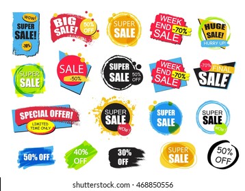 Set of flat modern and hand drawn design sale stickers. Collection of colorful vector illustrations for online shopping, product promotions, website badges, ads, flyers.