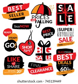 Set of flat modern and hand drawn design sale stickers. Collection of vector illustrations for on line shopping, product promotions, website badges, ads, flyers.