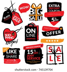 Set of flat modern and hand drawn design sale stickers. Collection of vector illustrations for on line shopping, product promotions, website badges, ads, flyers.
