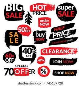 Set of flat modern and hand drawn design sale stickers. Collection of vector illustrations for on line shopping, product promotions, website badges, ads, flyers.