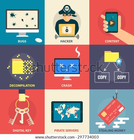 Set of flat modern icons - computer pirate, hacking, hacker, malware, stealing money, software bugs, digital key, errors. Design elements for web, mobile applications, infographics.