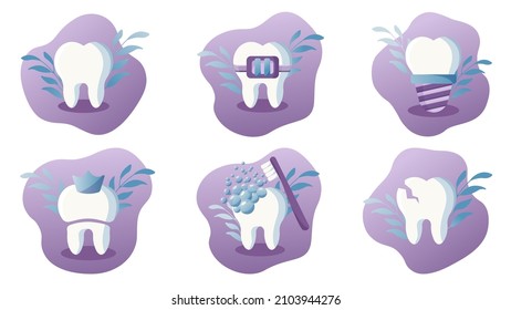 Set of flat modern illustration of teeth. Dental implant, tooth with braces, dental crown, broken tooth, teeth cleaning.