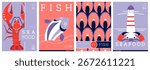 Set of flat modern magazine covers or posters with seafood. Restaurant seafood menu design. Vector illustration