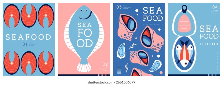 Set aus flachen, modernen Zeitschriftenhüllen oder Plakaten mit Meeresfrüchten. Restaurant Meeresfrüchte-Menü-Design. Vektorgrafik