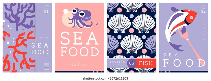 Set of flat modern magazine covers or posters with seafood. Restaurant seafood menu design. Vector illustration