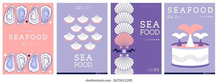 Conjunto de capas de revistas modernas planas ou cartazes com frutos do mar. Design de menu de frutos do mar de restaurante. Ilustração vetorial