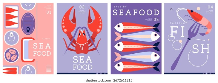 Conjunto de portadas de revistas modernas planas o carteles con mariscos. Diseño de menú de mariscos de restaurante. Ilustración vectorial
