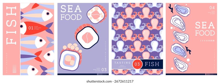Conjunto de portadas de revistas modernas planas o carteles con mariscos. Diseño de menú de mariscos de restaurante. Ilustración vectorial
