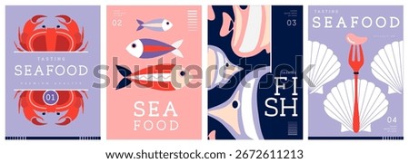Set of flat modern magazine covers or posters with seafood. Restaurant seafood menu design. Vector illustration