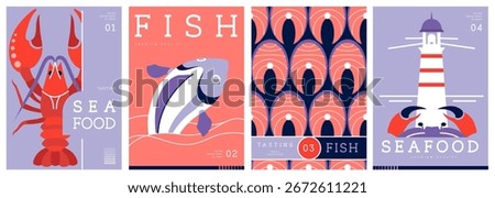 Set of flat modern magazine covers or posters with seafood. Restaurant seafood menu design. Vector illustration