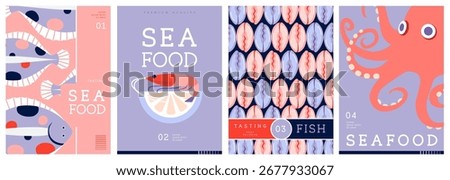 Set of flat modern magazine covers or posters with seafood. Restaurant seafood menu design. Vector illustration