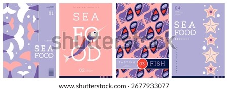 Set of flat modern magazine covers or posters with seafood. Restaurant seafood menu design. Vector illustration