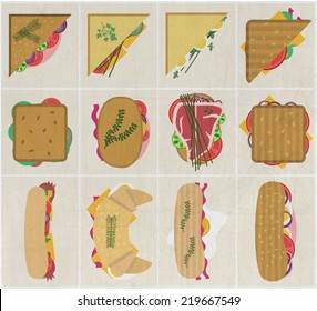 Set of flat modern sandwiches cards. Different types of sandwiches and rolls with vegetables, salama, bacon, steak, eggs, cheese.Subway sandwiches icons for advertising,print material,restaurant menu.