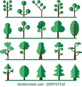 Set of flat modern style trees, Nature plants clean shaping forms collection isolated vector illustration