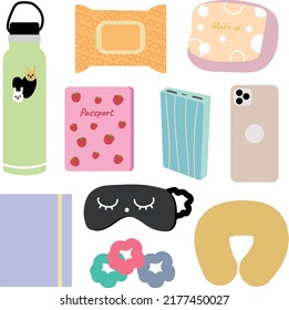A set of flat modern travel items for women. Travel hygiene and beauty are important for women. Mandatory necessities to bring when traveling abroad