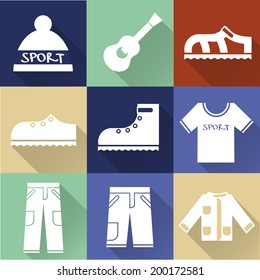Set of flat monochromatic hiking, trekking and camping icons. Outdoor activity symbols drawn in vector. Tent, sleeping bag, fire, mountain, forest.