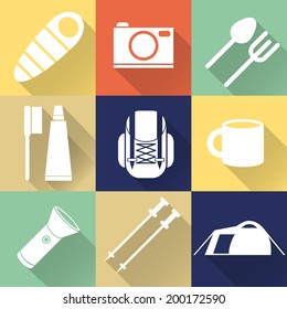 Set of flat monochromatic hiking, trekking and camping icons. Outdoor activity symbols drawn in vector. Tent, sleeping bag, fire, mountain, forest.