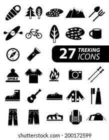 Set of flat monochromatic hiking, trekking and camping icons. Outdoor activity symbols drawn in vector. Tent, sleeping bag, fire, mountain, forest.