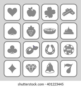 The set of flat monochrome casino icons for slot machine.