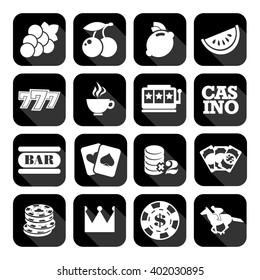 The set of flat monochrome casino icons for slots. Slot machine signes
