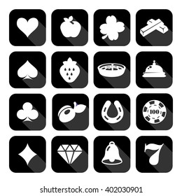 The set of flat monochrome casino icons for slots. Slot machine signes
