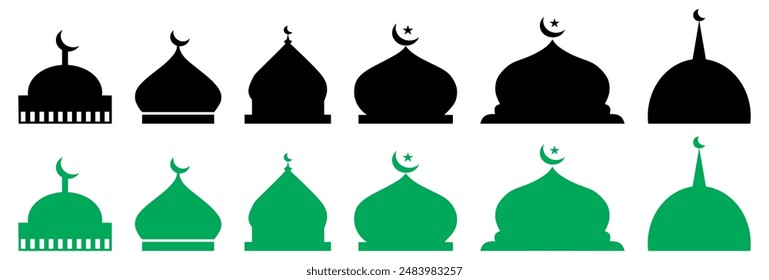 set of flat mosque dome silhouette vector isolated.