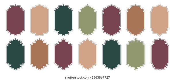 Set of flat mosque gates, doors and windows. Oriental style Islamic arches, labels, logo templates. Morocco inspired Islamic simple shapes. Muslim frames. Vector 
illustration