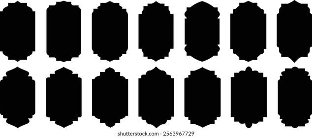 Set of flat mosque gates, doors and windows. Oriental style Islamic arches, labels, logo templates. Morocco inspired Islamic simple shapes. Muslim frames. Vector 
illustration
