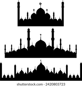 Set of flat mosque silhouette vector illustration. Islamic mosque buildings in silhouette for background element design.