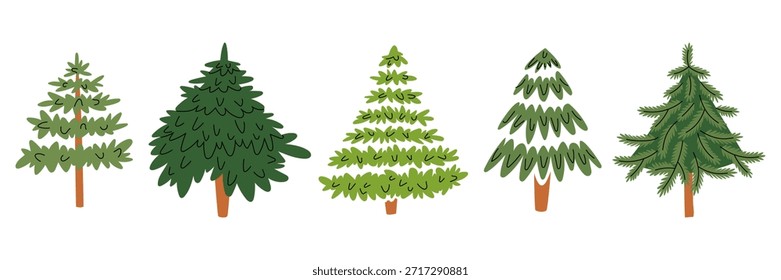 Conjunto de árboles de Navidad planos y multicolores sobre un fondo blanco. Elementos de hoja perenne dibujados a mano para tarjetas de felicitación navideña, decoración de temporada invernal o Diseño gráfico temático de naturaleza