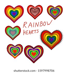 Set of flat multicolored rainbow hearts. Symbol of love and fidelity at a wedding or Valentine's Day. As well as a symbol of LGBT love with traditional colors. Vector illustration.