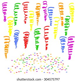 Set of flat multicolored serpentines and confetti