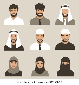 Set Of Flat Muslim Avatars, Vector Arab People Icon,  Saudi Characters
