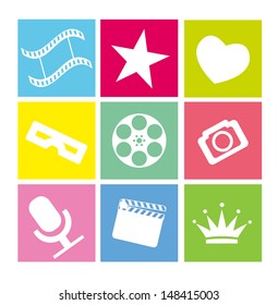 Set of flat neon colored cinema icons