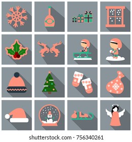 Set of flat New Year and christmas icon with dark shadow