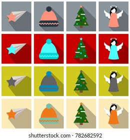 Set of flat New Year and christmas icon with dark shadow