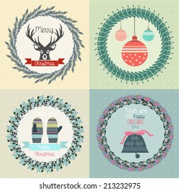 Set of flat new year and merry christmas elements for mobile and web user interface and apps. Vintage symbols for printed material, banners and wish cards.