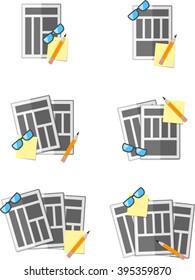 Set of flat newspapers with pencil and glasses. Eps 10