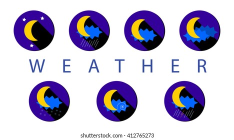 Set of flat night weather icons with long shadow. Vector illustration