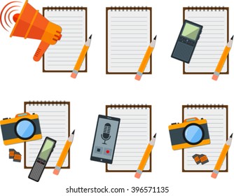Set of flat notepad with journalistic items. Eps 10