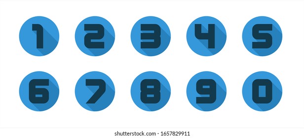 Set von flachen Zahlen Symbol mit langer Schatten von Null bis neun in blauen Kreis Vektorillustration Illustration.