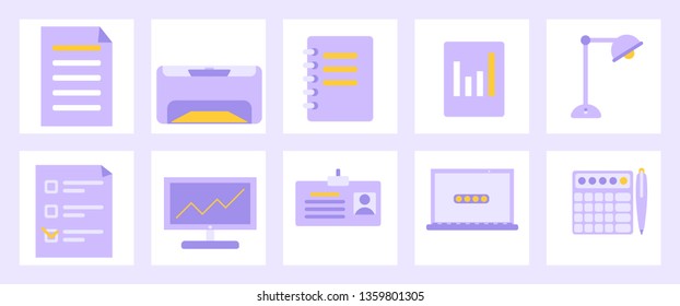 set of flat office icons, papers with graphics and stationery, vector image, flat design, flat design elements,