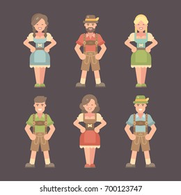 Set of flat Oktoberfest characters on dark background. Men in lederhosen and women in dirndl dresses. Beer festival costumes flat illustration