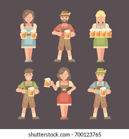 Set of flat Oktoberfest characters on dark background. Men in lederhosen and women in dirndl dresses holding beer mugs. Beer festival costumes flat illustration