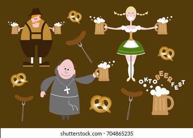 Set of flat Oktoberfest characters on dark brown background. Man, girl and monk with mugs. Pretzel and  sausage. Beer festival costumes.