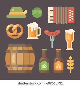 Set of flat Oktoberfest icons. Beer festival icons on dark background. Barrel, accordion, sausage on a fork, beer mug, beer bottle, hop, hat, pretzel, wheat