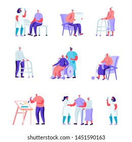 Set of Flat Older People in a Nursing Home Having Medical Aid Characters. Cartoon People Having Hobby Care of Plants, Painting, Playing Chess, Knitting. Vector Illustration.